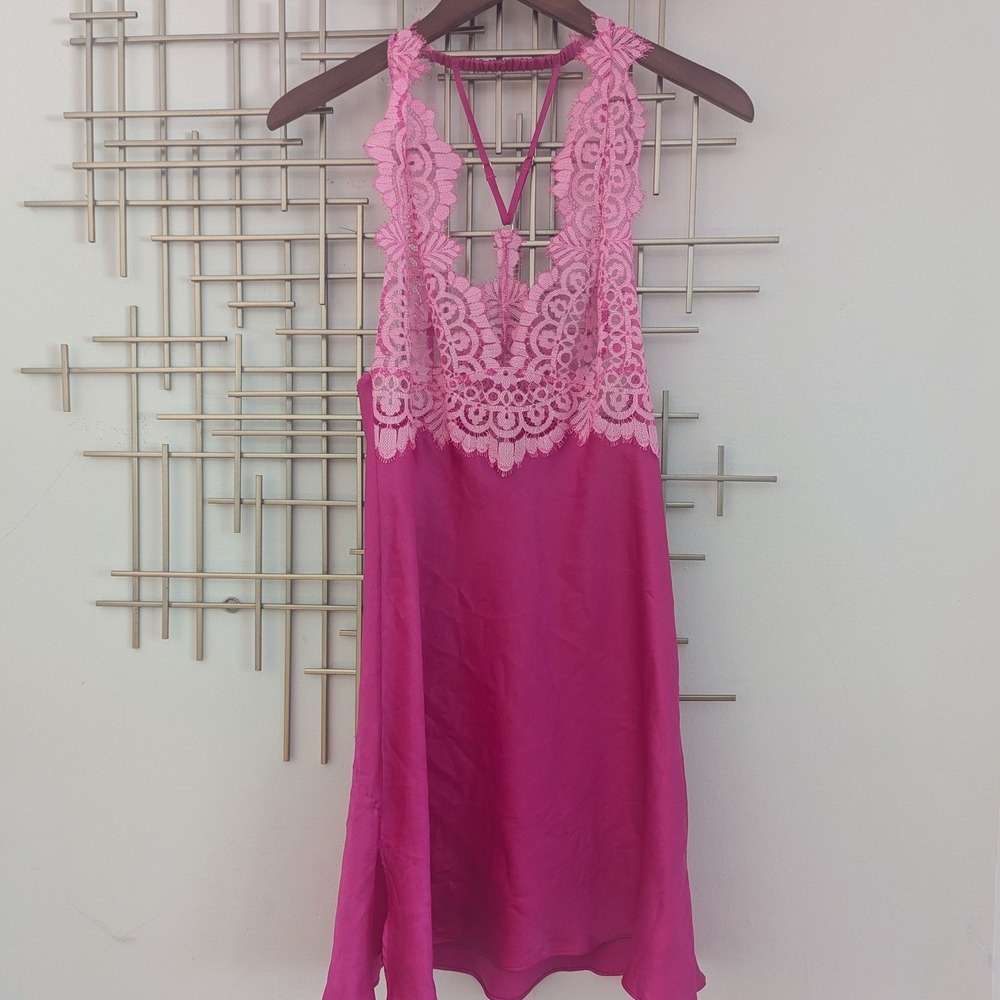 Y2K Victoria's Secret Pink Lace Halter Chemise Babydoll Lingerie Women's Sz M‎